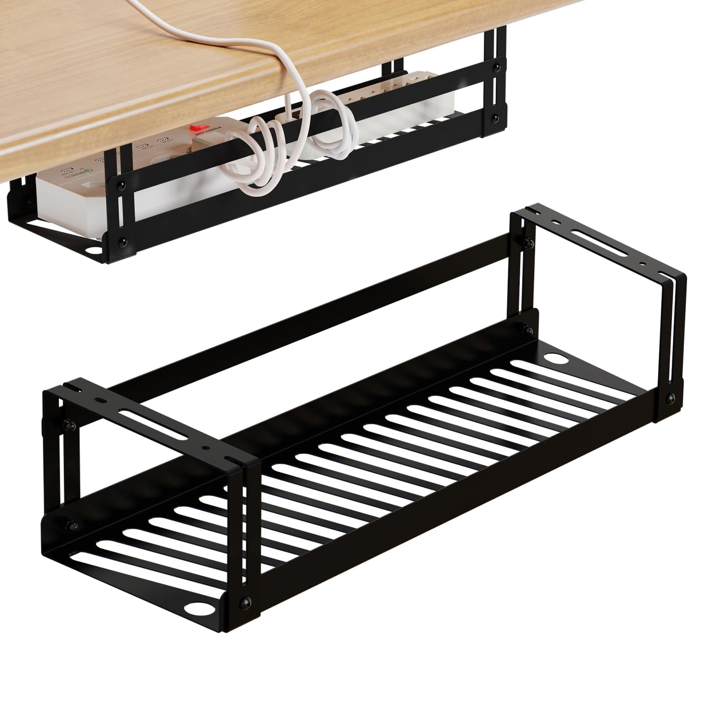 PAVSTINE Cable Management Under Desk 17 in Cable Management Tray Metal Cable Tray Basket for Wire Management Power Strip Holder Cord Organizer Wire Tamer for Home/Office Desk Cable Hider Black