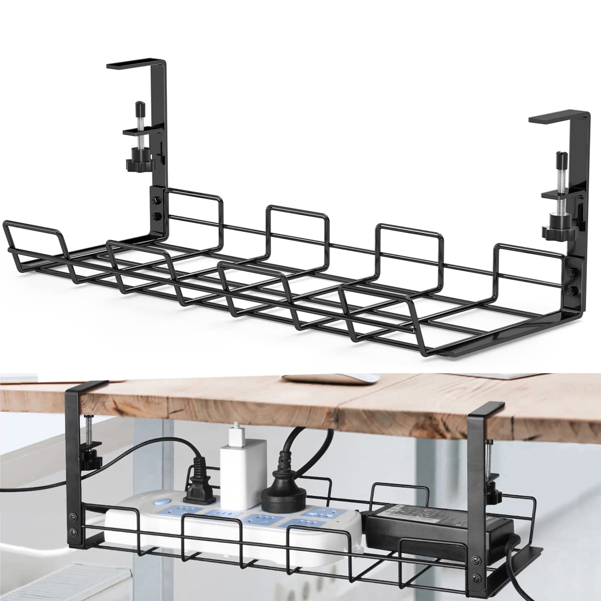 No Drill Under Desk Cable Management Tray 2 Pack Desk Wire Management Cable Tray Sturdy Alloy Steel Wire Organizer Under Desk Basket for Office and Home Standing Desk (Black 1 Pcs)